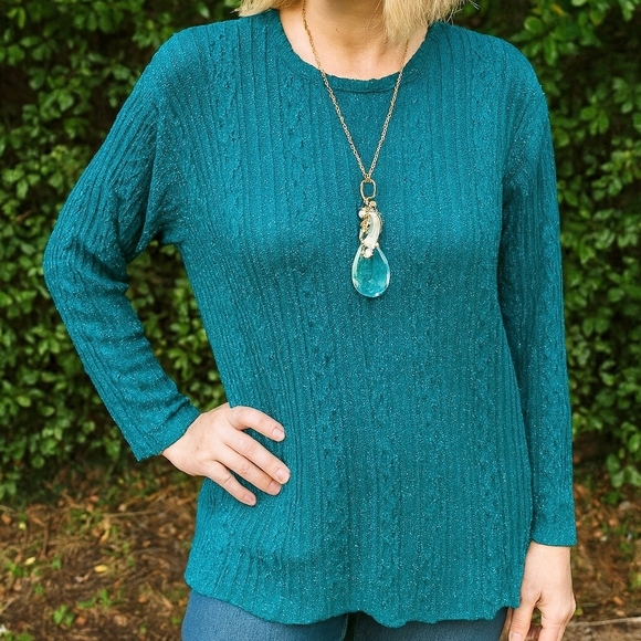 Diane Von Furstenberg Sweaters - Diane Von Furstenberg long sleeve blue green shimmer cable knit sweater Med/Lg.